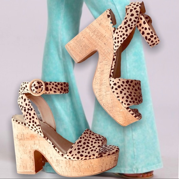 Cheetah Print Block Cork Ankle Sandal Platform - Picture 3 of 8